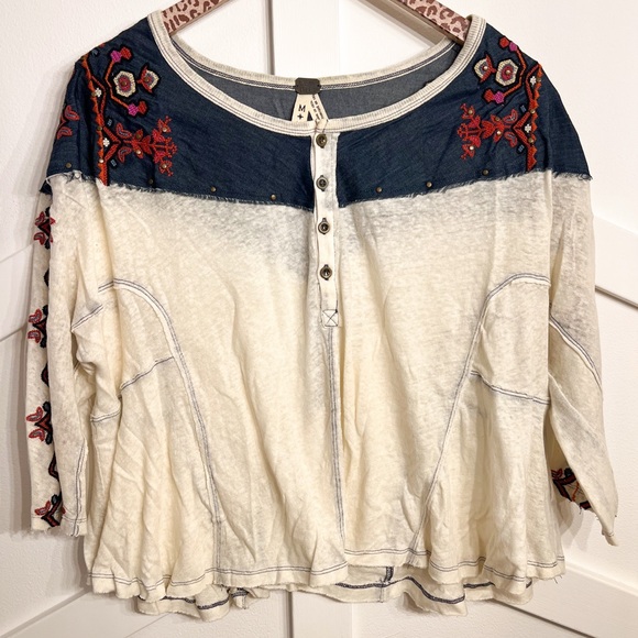 We The Free Tops - We The Free Cream and Blue Embroidered Blouse